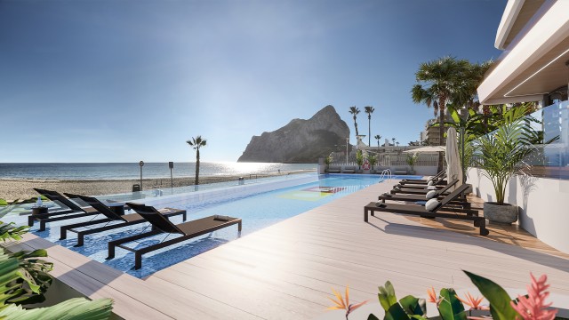 Lichte woningen met uitzicht op de Middellandse Zee en de Peñón de Ifach, luxe appartementen, 50 meter van het strand met uitzicht op zee, Costa Blanca Noord, Alicante, Spanje.