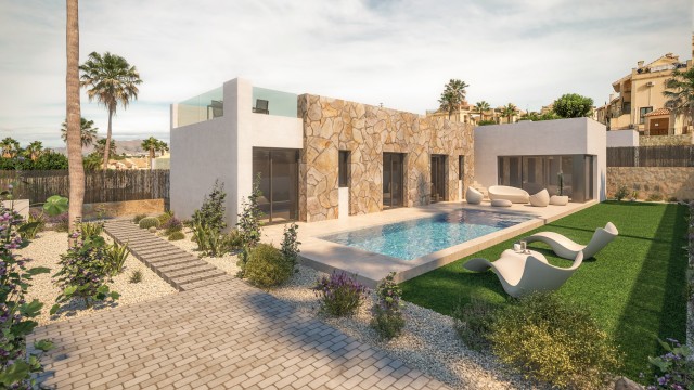 Indrukwekkende luxe villa's met zwembad en privéterras op 100 meter van La Finca golfbaan met uitzicht over het landschap, Algorfa, Costa Blanca Zuid, Alicante, Spanje.