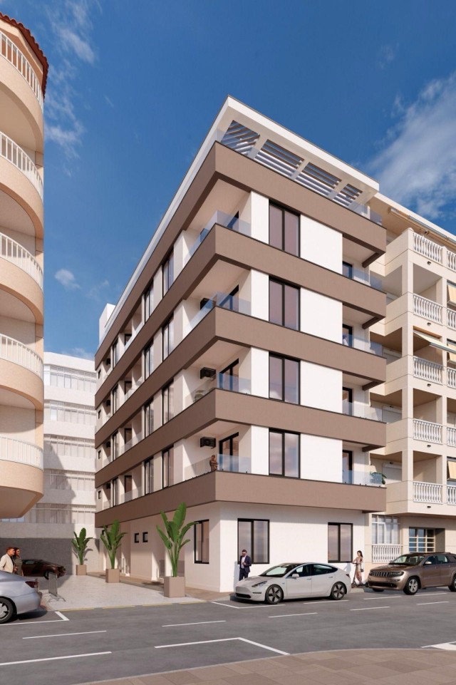 Studios te koop in nieuwbouwwijk Acequión met modern architectonisch ontwerp en hoogwaardige afwerking, op slechts 150 meter van het strand, Torrevieja, Costa Blanca Zuid, Alicante, Spanje.