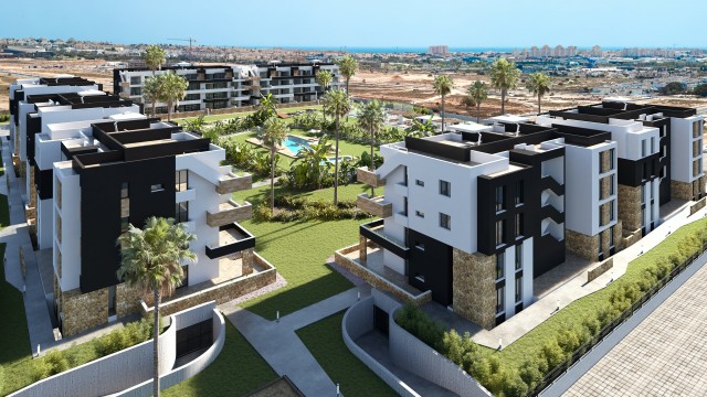 Nieuw resort in Torrevieja, Luxe appartementen volledig gemeubileerd met zwembad en met fitnessruimte en een padelbaan, Costa Blanca Zuid, Alicante, Spanje.