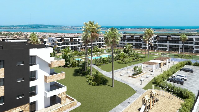 Nieuw resort in Torrevieja, Luxe appartementen volledig gemeubileerd met zwembad en met fitnessruimte en een padelbaan, Costa Blanca Zuid, Alicante, Spanje.