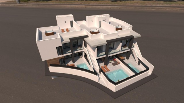 Nieuwe promotie van bungalows in Rojales, begane grond met kelder en bovenverdiepingen met solarium, golfbaan op 800 meter, Costa Blanca Zuid, Alicante, Spanje.