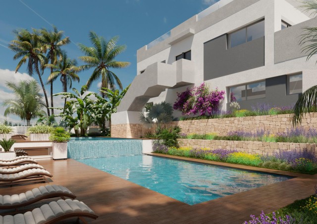 De nieuwe referentie voor het mediterrane leven in Los Balcones, bungalows op de bovenverdieping met privéterras, met uitzicht op de zoutlagune, Torrevieja, Costa Blanca Zuid, Alicante.