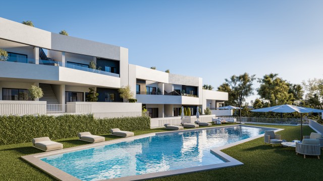 Nieuwbouwwoningen in San Miguel de Salinas met 2 zwembaden en ruime groene zones, begane grond met tuin en bovenverdiepingen met privéterras, Costa Blanca Zuid, Alicante, Spanje.