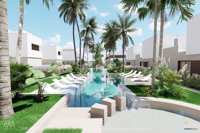 SerenaGolf Bungalow met Tuin of Solarium, Uitzicht op Golf en Zee vanuit het Solarium, Los Alcázares, Costa Cálida, Murcia, Spanje.