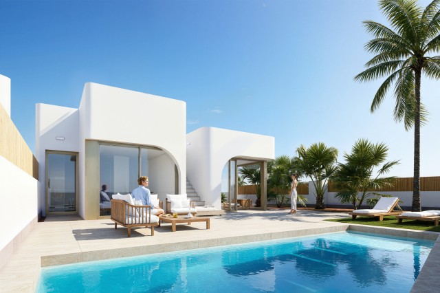 Nieuw wooncomplex met villa's met solarium en privézwembad en basement, direct aan de golfbaan met uitzicht op de golfbaan, Los Alcázares, Costa Cálida, Murcia, Spanje.
