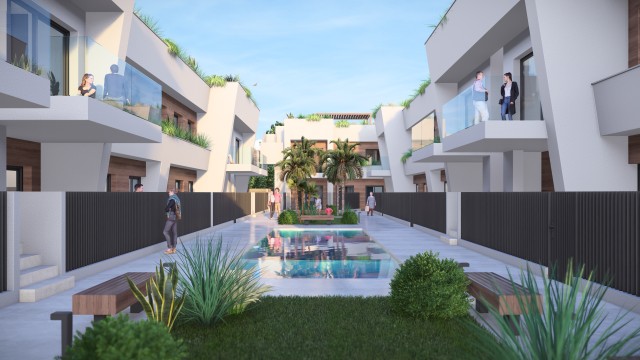 Nieuwe bungalowwijk in Torre Pacheco, bovenverdiepingen met een eigen zonneterras, op slechts 500 meter van de golfbaan, Costa Calidad, Murcia, Spanje.