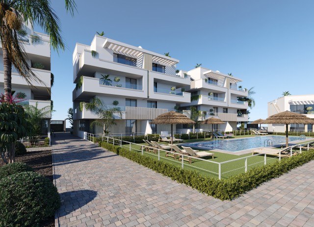 Santa Rosalia Lake and Life Resort: exclusieve appartementen met zeer grote terrassen en uitzicht op het meer in Torre Pacheco, Costa Cálida, Murcia, Spanje.